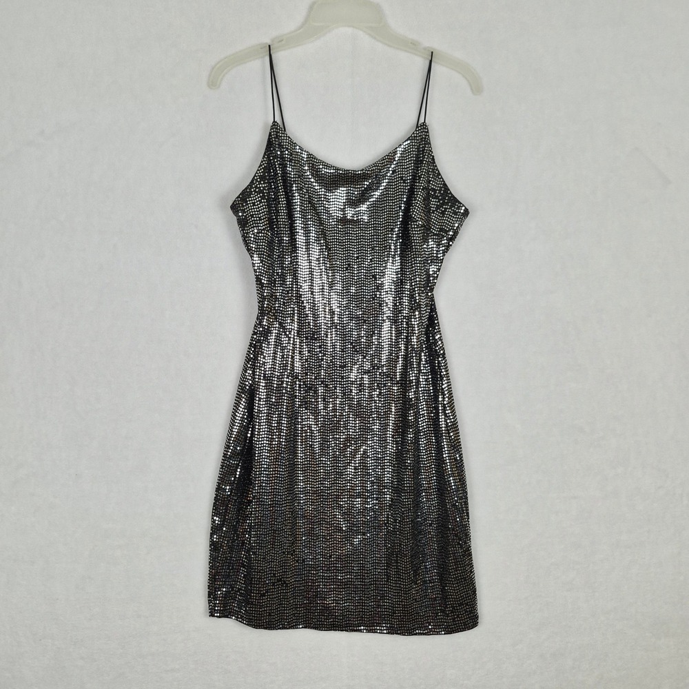 IRIS Womens Silver Sequin Cowl Neck Spaghetti Strap Mini Dress XL Black Metallic